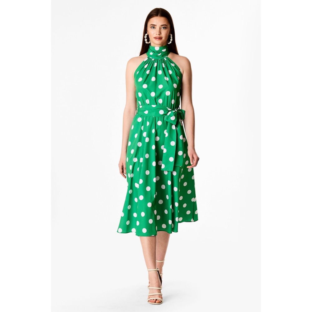 Bow-Tie Neck Polka Dot Print Crepe Halter Dress